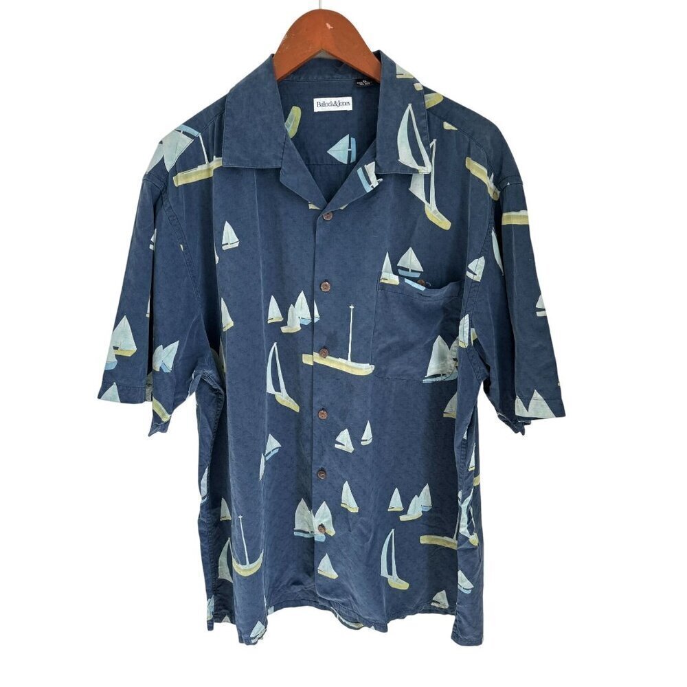 BULLOCK&JONES 100% Silk Shirt Blue Boats Nautical Size XLarge